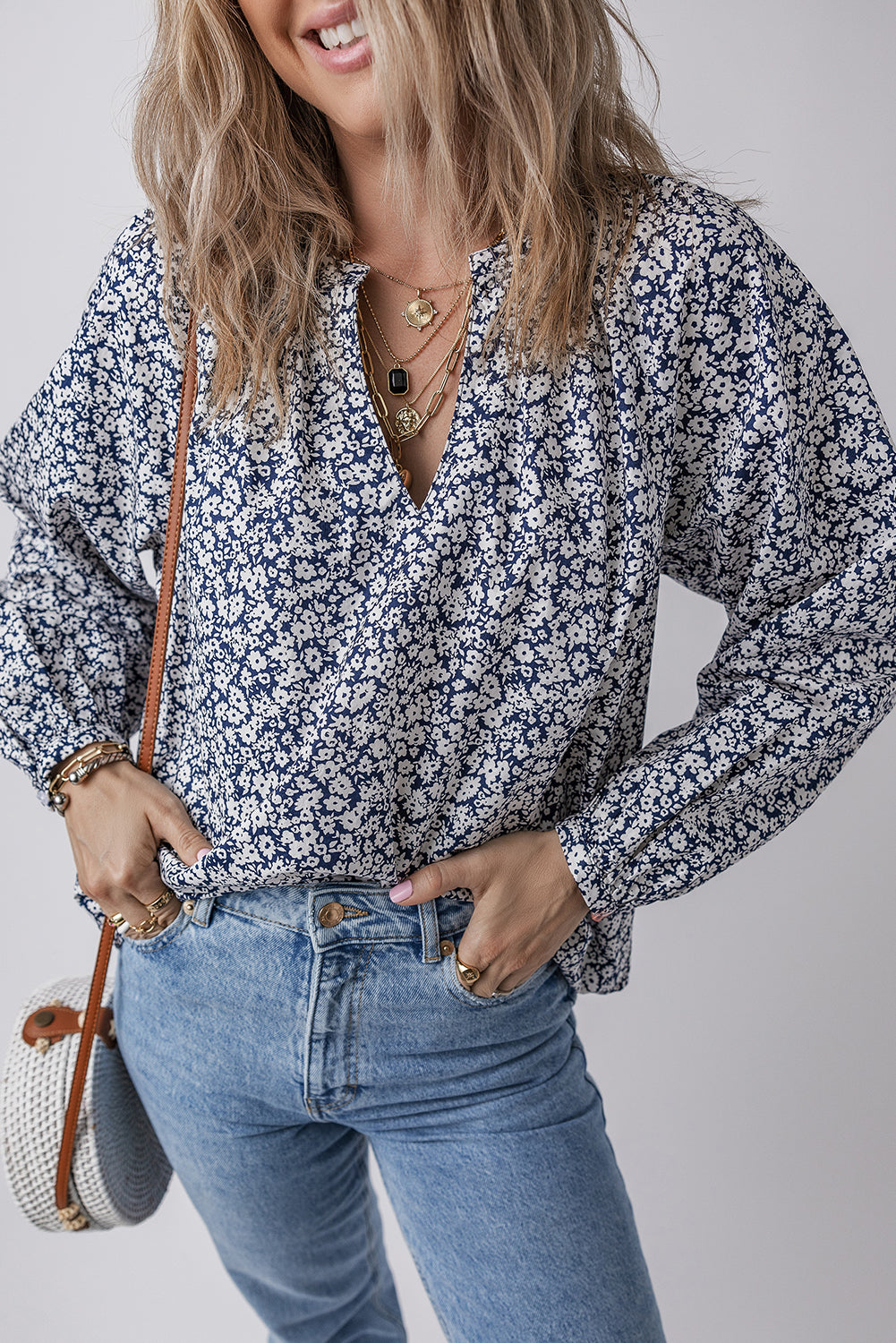 Blue Floral Print Notched V Neck Puff Sleeve Blouse-True and Wild