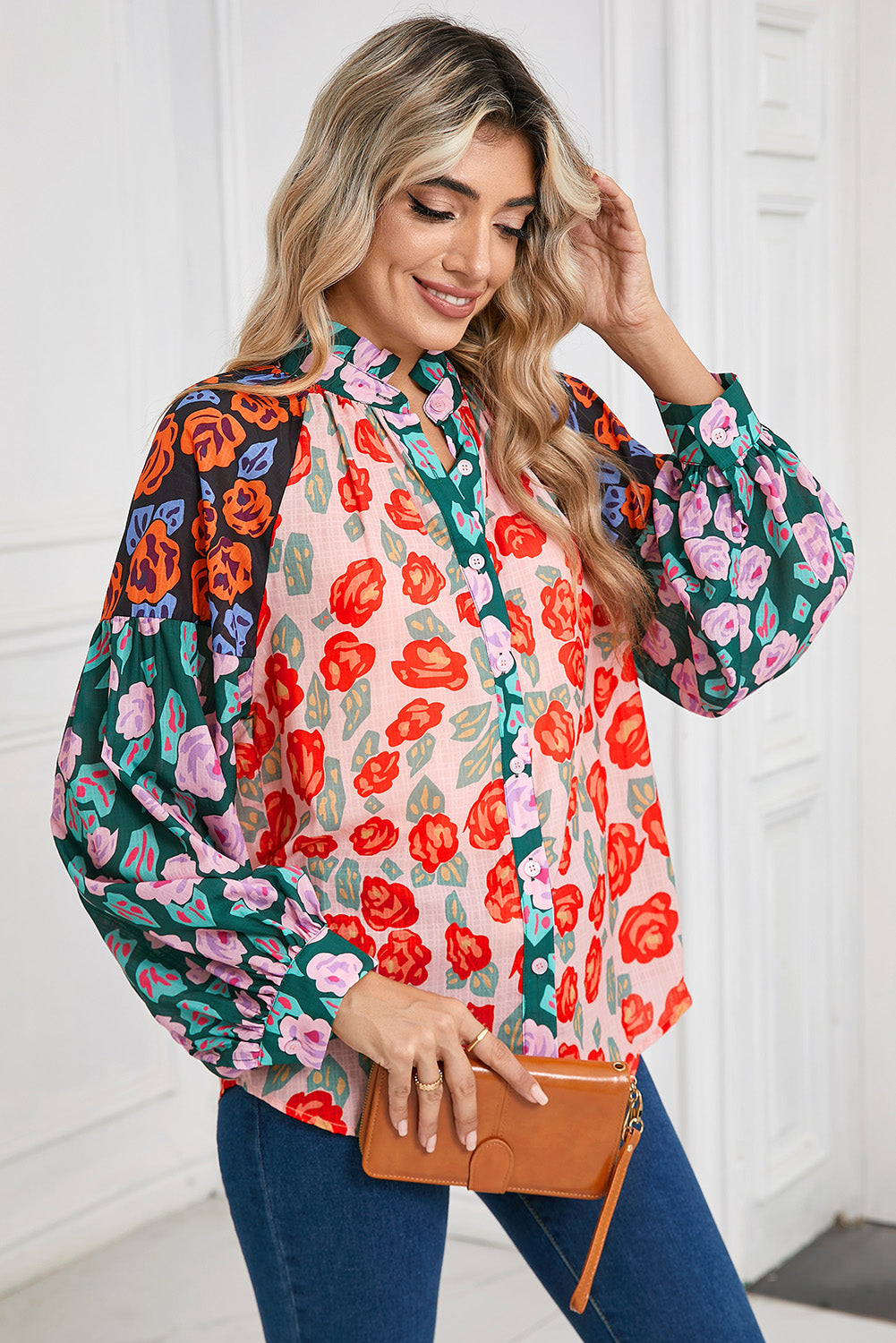 Red Colorblock Floral Print Puff Sleeve Shirt-True and Wild