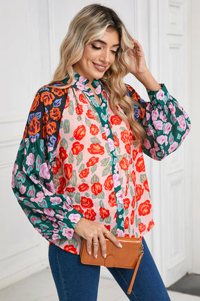 Red Colorblock Floral Print Puff Sleeve Shirt-True and Wild