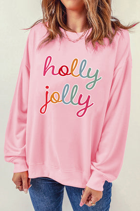 Pink holly jolly Printed Round Neck Sweatshirt-True and Wild