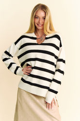 Davi & Dani High-Low Side Slit Striped Johnny Collar Sweater-True and Wild