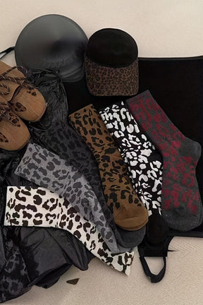 Chestnut Allover Leopard Print Crew Socks