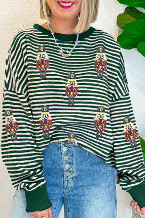 Green Stripe Nutcracker Doll Patched Drop Shoulder Long Sleeve Top-True and Wild