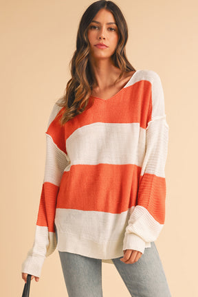 Orange Colorblock V Neck Side Slits Sweater-True and Wild