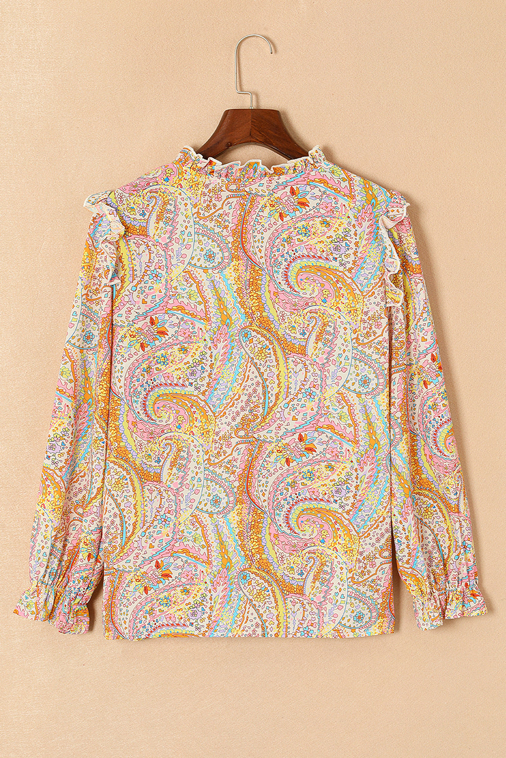 Yellow Paisley Print Ruffled Trim Button Up Boho Blouse