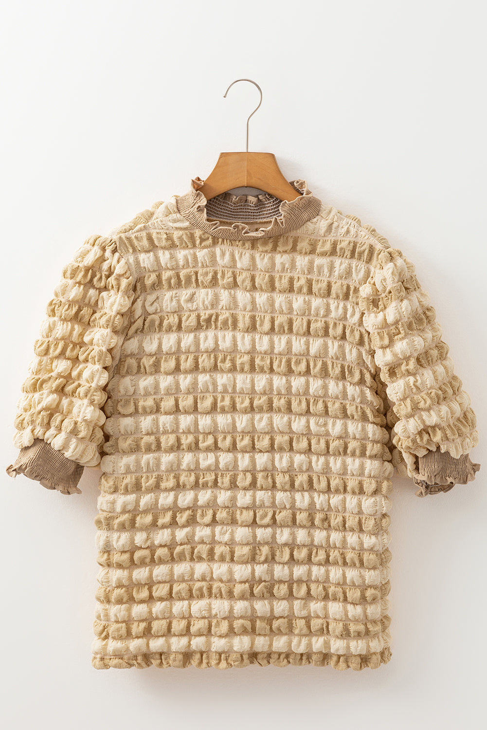 Beige Textured Frill Trim Smocked Puff Sleeve T Shirt-True and Wild