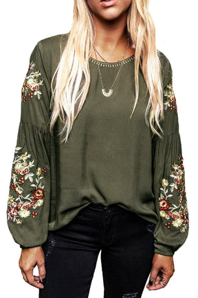 Olive Green Flower Embroidered Long Sleeve Blouse-True and Wild