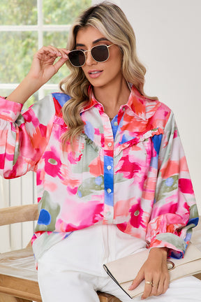 Multicolour Abstract Print Frill Detail Button Up Shirt-True and Wild