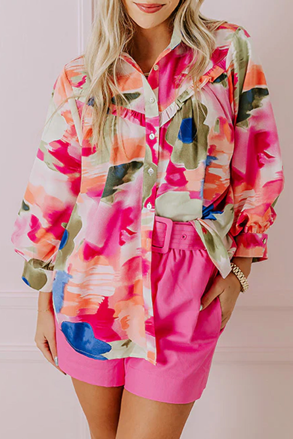 Rose Abstract Print Ruffled Puff Sleeve Shirt-True and Wild