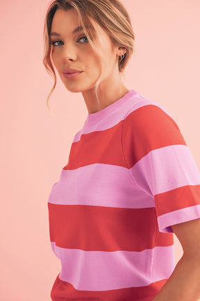 Bright Pink Colorblock Knitted Round Neck T Shirt-True and Wild