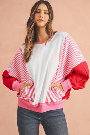 Rose Red Striped Patchwork Side Pocket Loose Sweatshirt-True and Wild