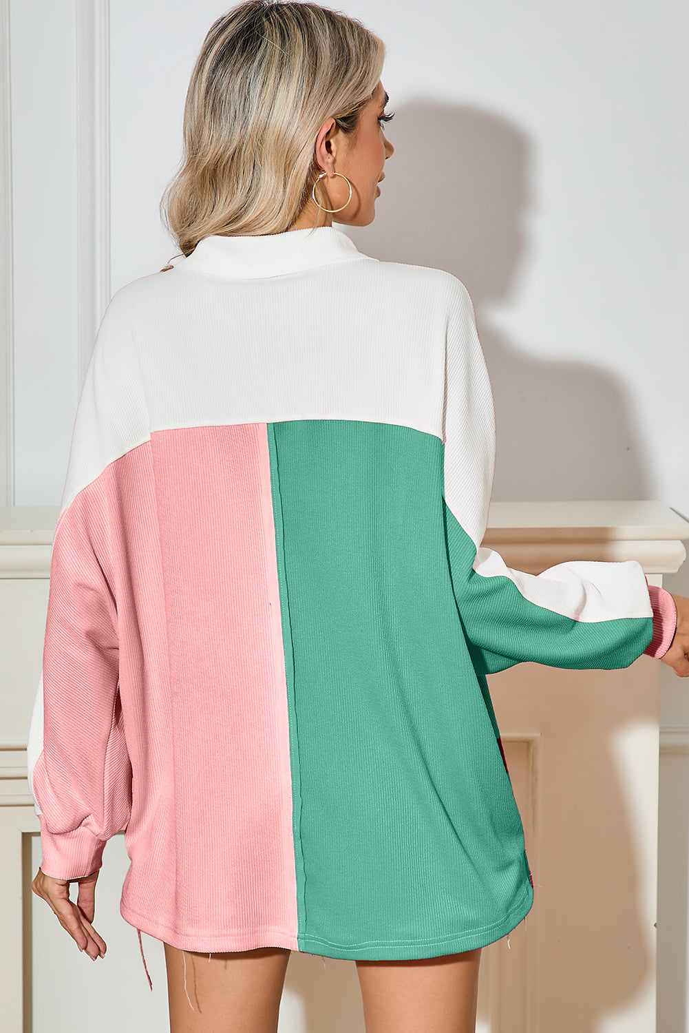 Pink Colorblock Patchwork Ribbed Oversized Sweatshirt-True and Wild