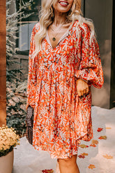 Orange Floral Print Split V Neck Bubble Sleeve Plus Size Midi Dress-True and Wild