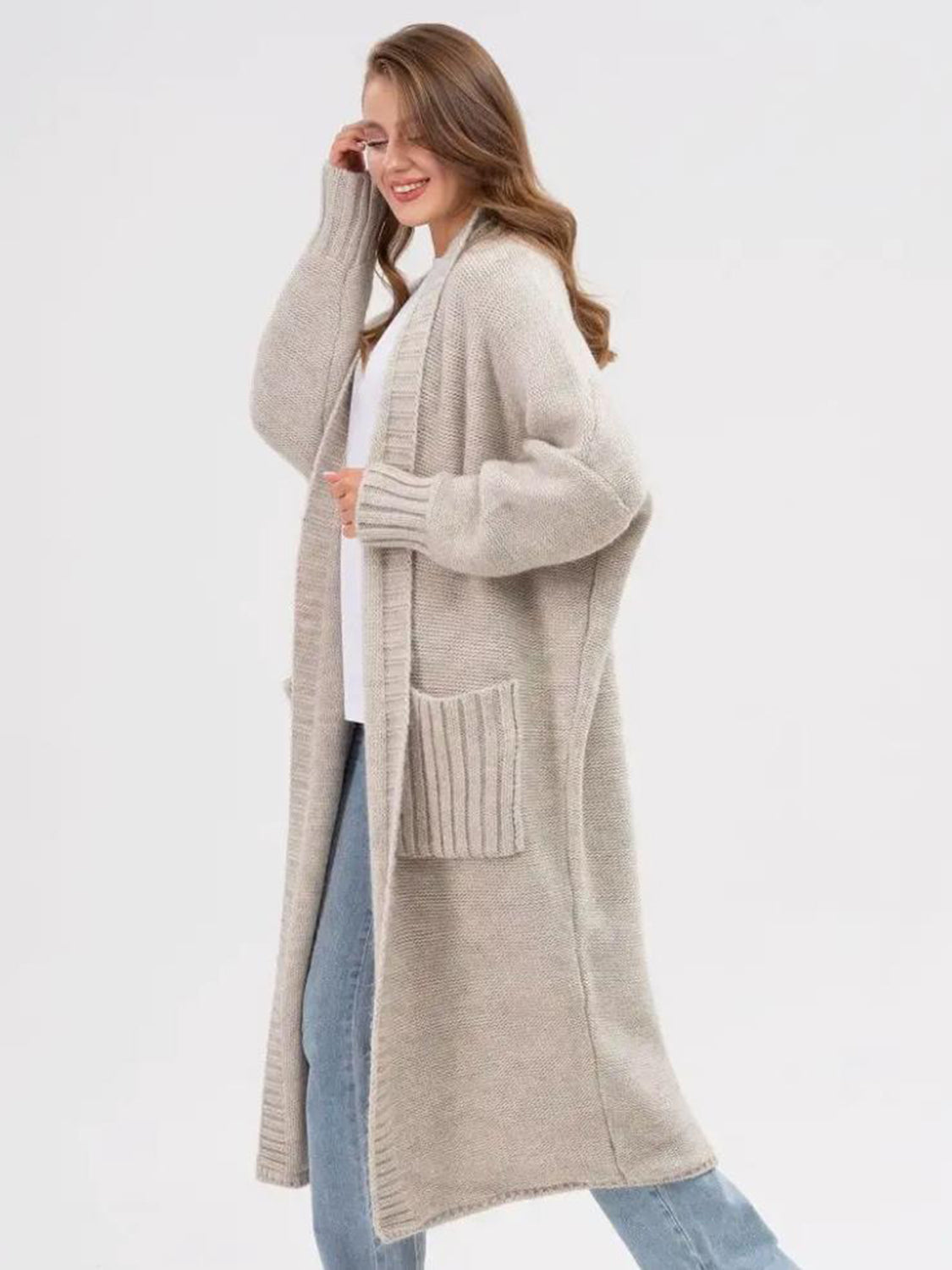 Pocketed Open Front Long Sleeve Longline Cardigan-True and Wild