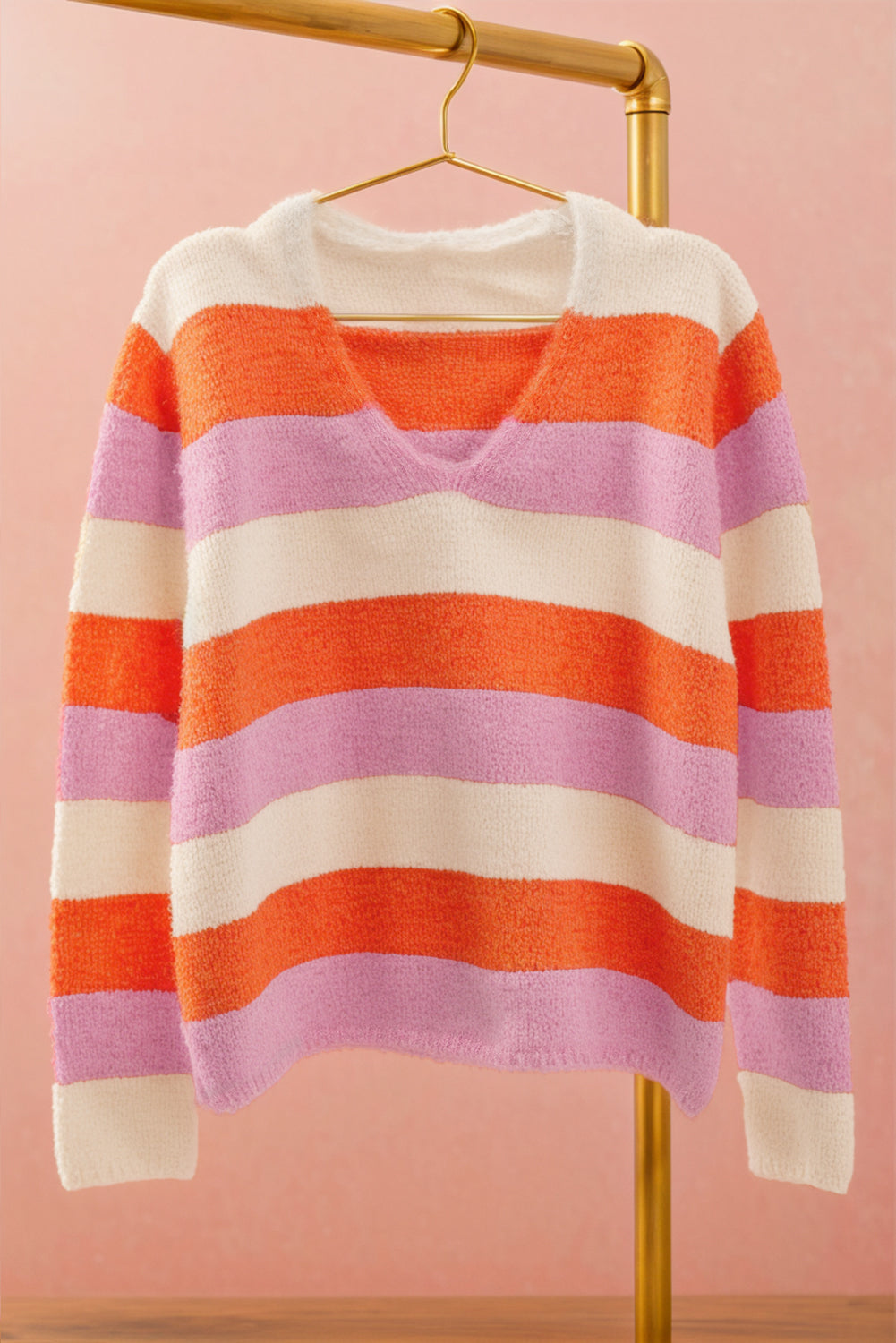 Orange Casual Stripe V Neck Side Slit Sweater-True and Wild