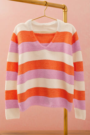 Orange Casual Stripe V Neck Side Slit Sweater-True and Wild