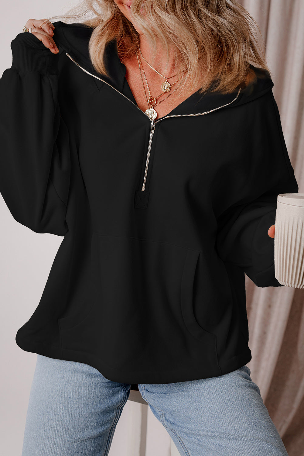 Black Half Zipper Kangaroo Pockets Drop Shoulder Hoodie-True and Wild