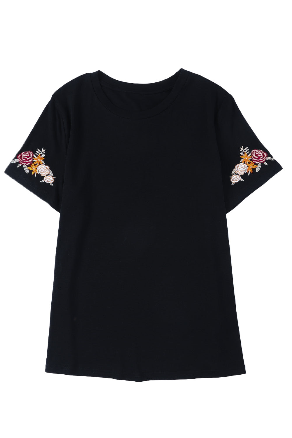 Black Casual Floral Embroidered Round Neck T Shirt-True and Wild