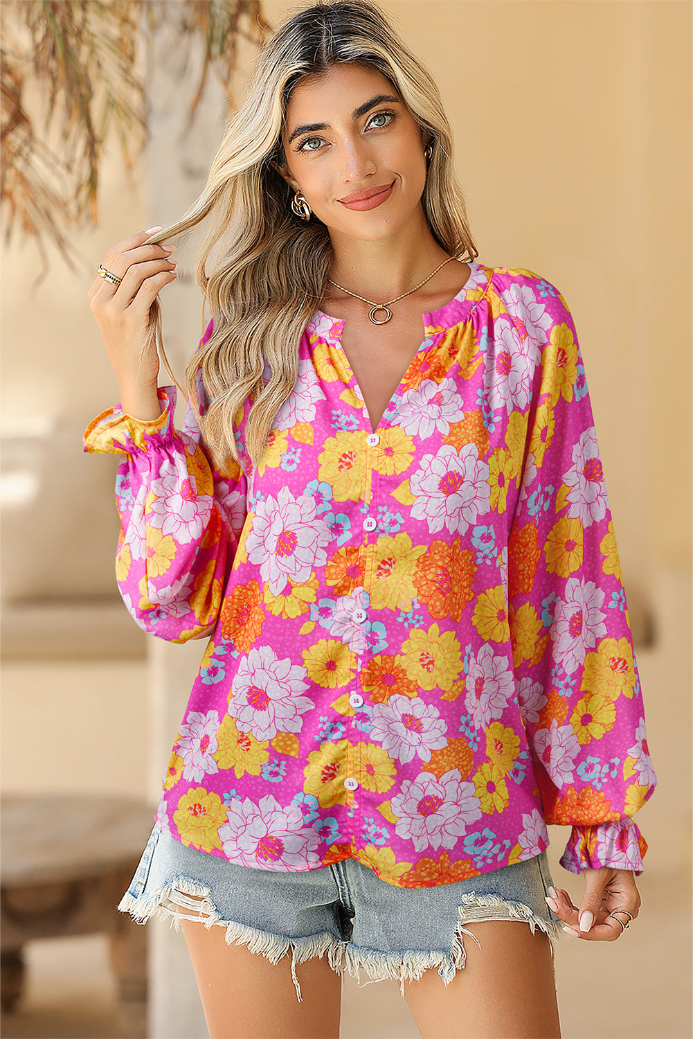 Rose Flower Print V Neck Relaxed Sleeve Blouse-True and Wild