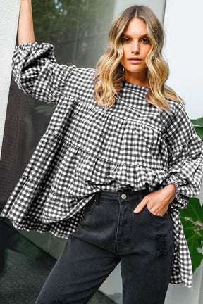 Black Plaid Drop Sleeve Tiered Oversized Blouse-True and Wild