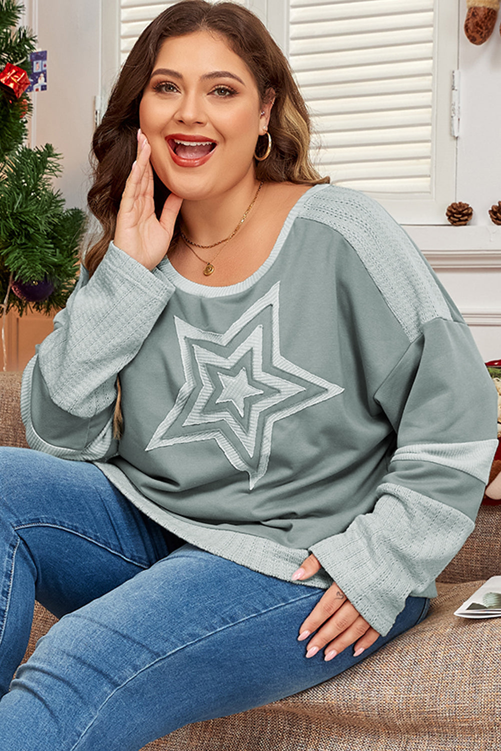 Mist Green Stars Patchwork Round Neck Plus Size Top-True and Wild