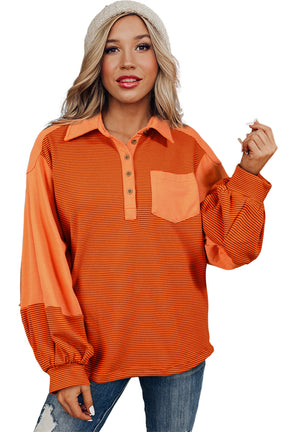 Orange Exposed Seam Puff Sleeve Henley Sweatshirt-True and Wild