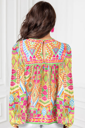 Orange Geometric Print Long Sleeve Keyhole Back Blouse-True and Wild