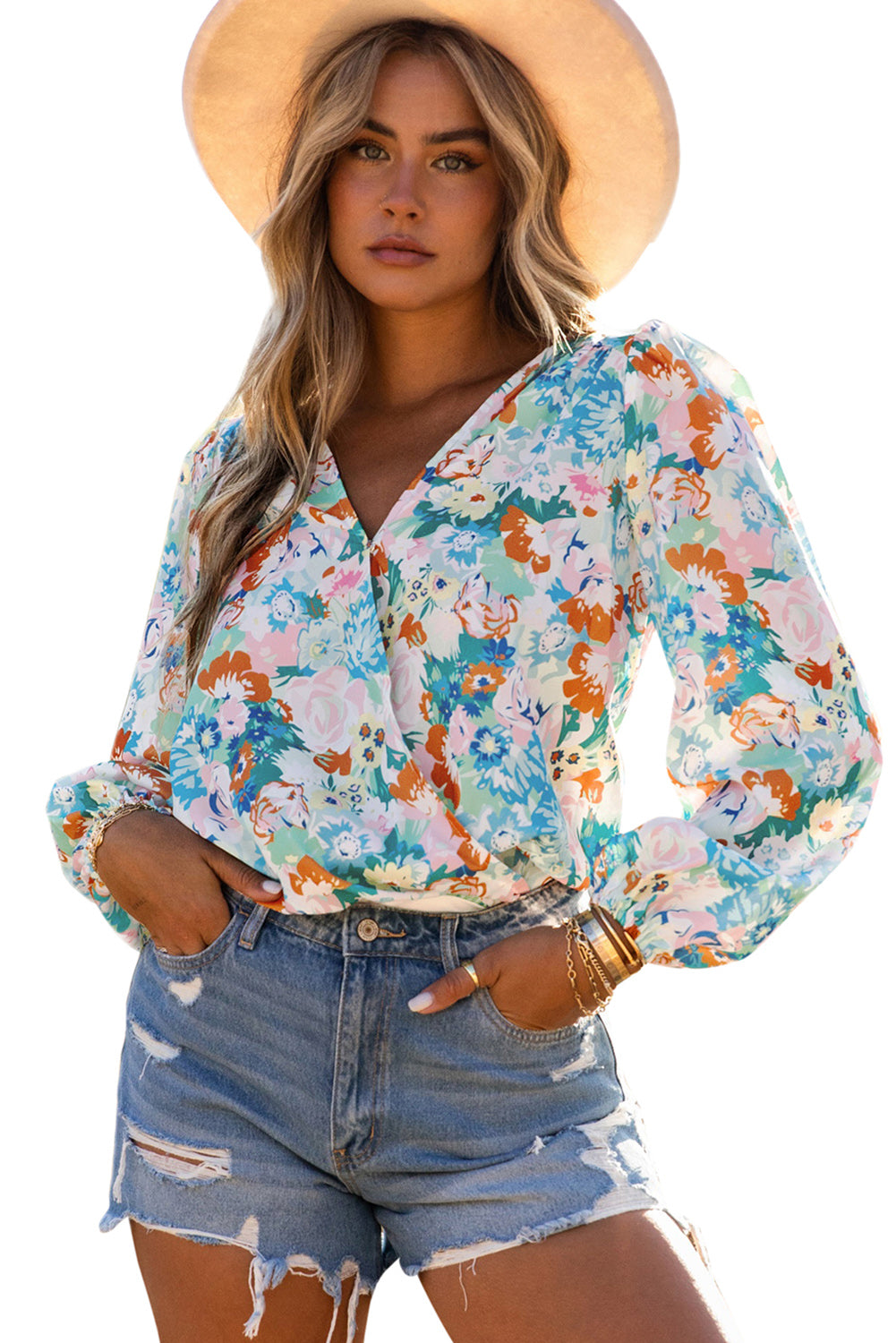 Light Blue Floral Print Boho Wrap V Neck Puff Sleeve Bodysuit-True and Wild