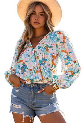 Light Blue Floral Print Boho Wrap V Neck Puff Sleeve Bodysuit-True and Wild