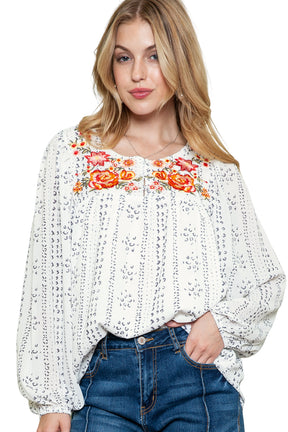 Beige Bohemian Floral Embroidered Printed Buttons Front Blouse-True and Wild