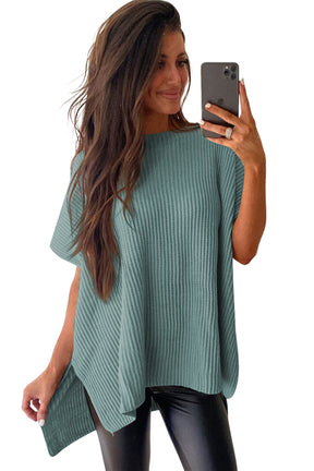 Haze Blue Side Slit Short Sleeve Oversized Sweater-True and Wild