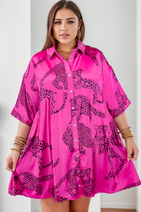 Plus Size Tiger Printed Button Up Half Sleeve Dress-True and Wild