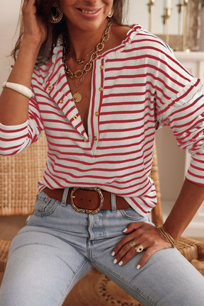 White Striped Snap Button Ruffle Trim Long Sleeve Top