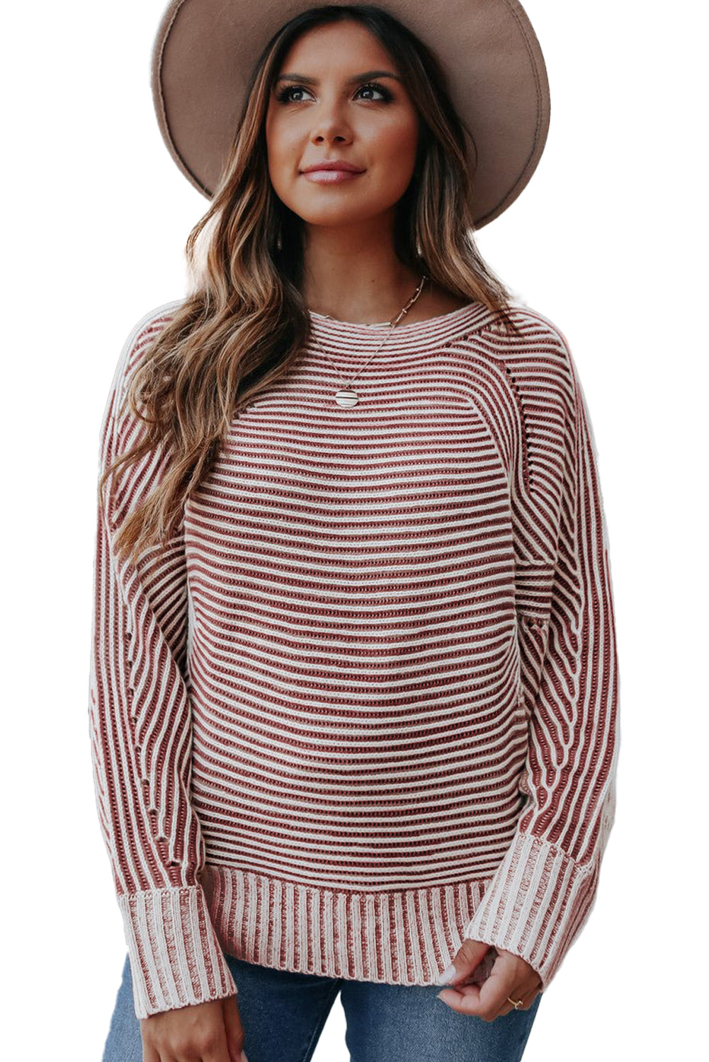 Red Dahlia Striped Print Ribbed Knit Raglan Sleeve Baggy Sweater-True and Wild