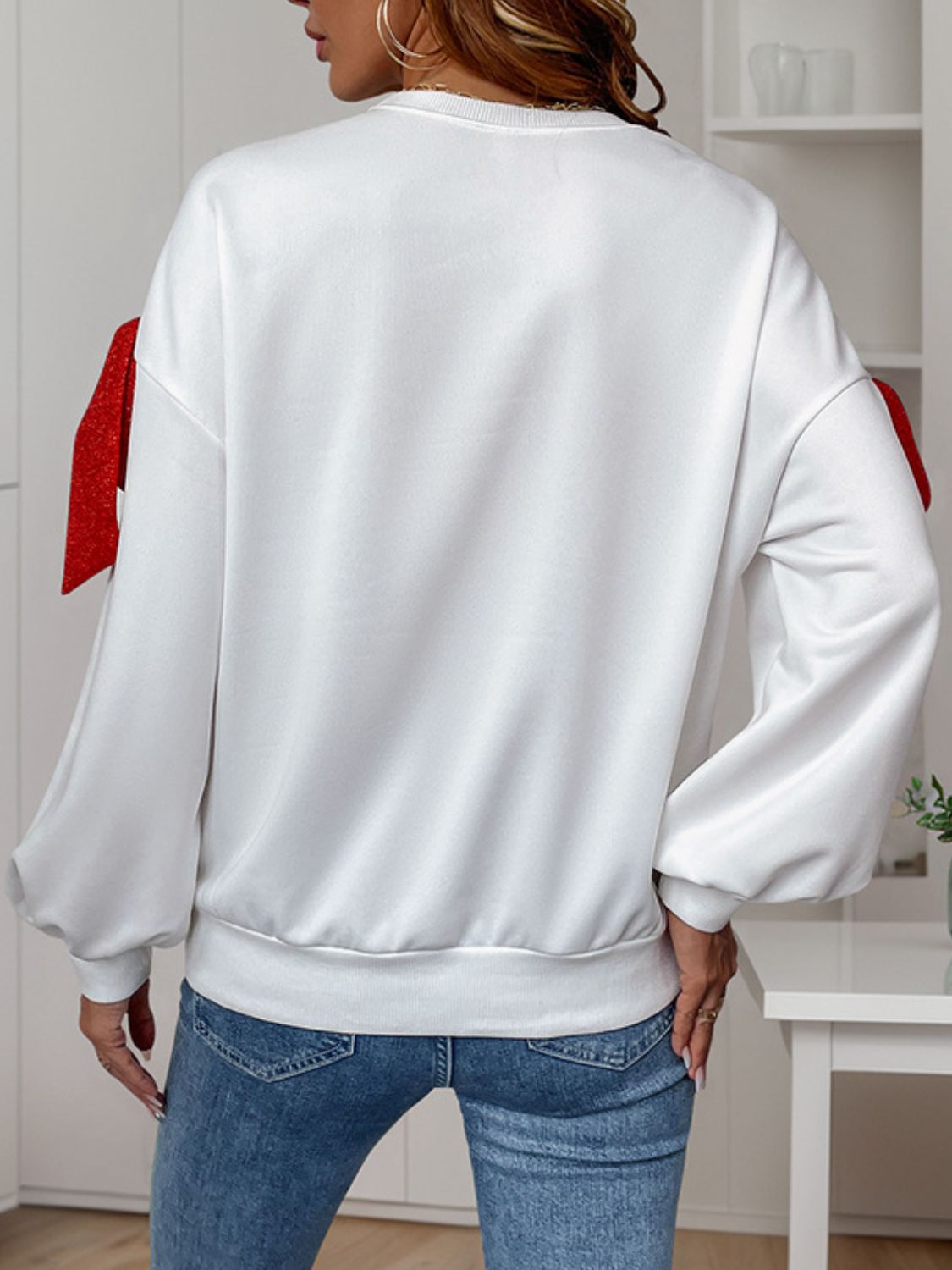 Perfee Bow Round Neck Long Sleeve Sweatshirt