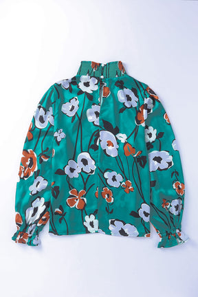 Green Mock Neck Top Floral Print Long Sleeve Silk Blouse-True and Wild