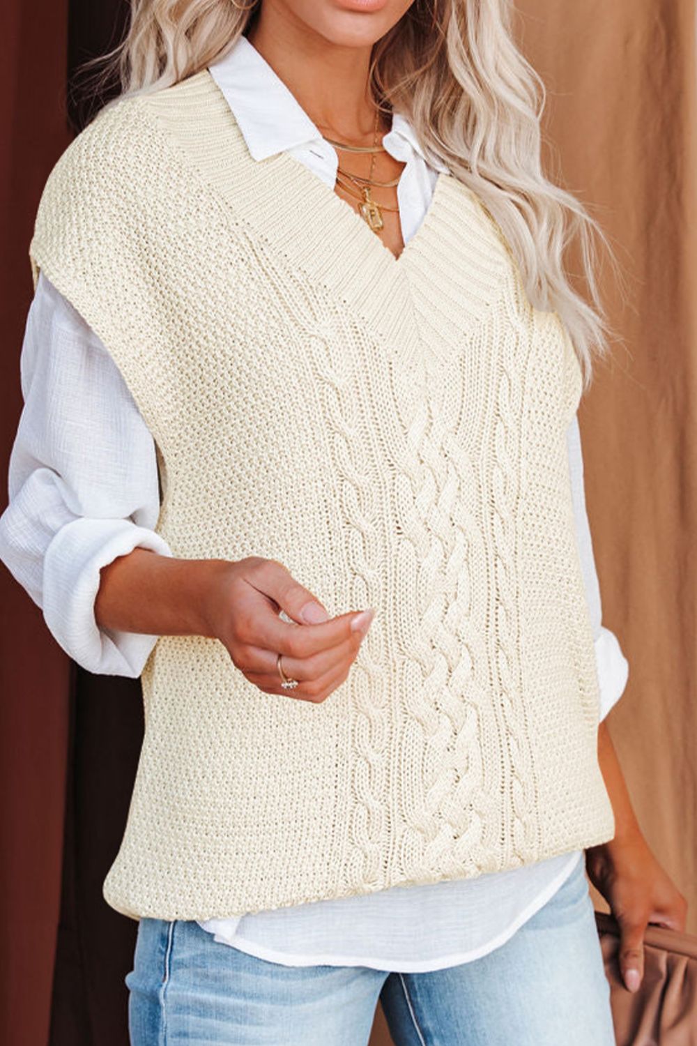 Cable-Knit V-Neck Sweater Vest