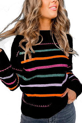 Black Colorful Striped Ribbed Trim Round Neck Sweater-True and Wild