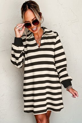 Black Stripe Pocket Collared V Neck Loose Fit Mini Dress-True and Wild