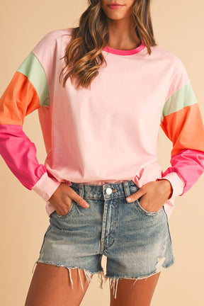 Rose Red Color Block Sleeve Loose Fit Top-True and Wild