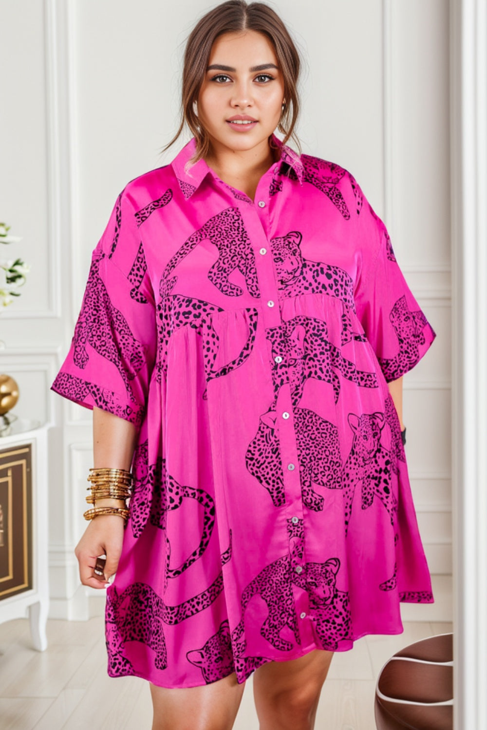 Plus Size Tiger Printed Button Up Half Sleeve Dress-True and Wild