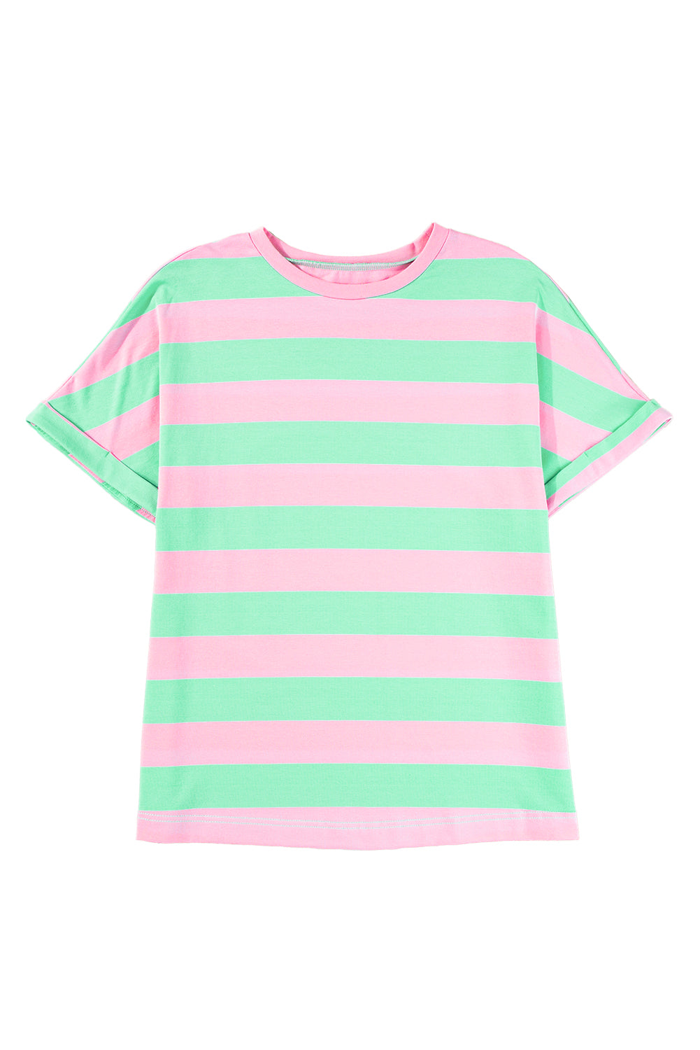 Pink Stripe Colorblock Cuffed Sleeve Loose Tee-True and Wild