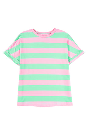 Pink Stripe Colorblock Cuffed Sleeve Loose Tee-True and Wild