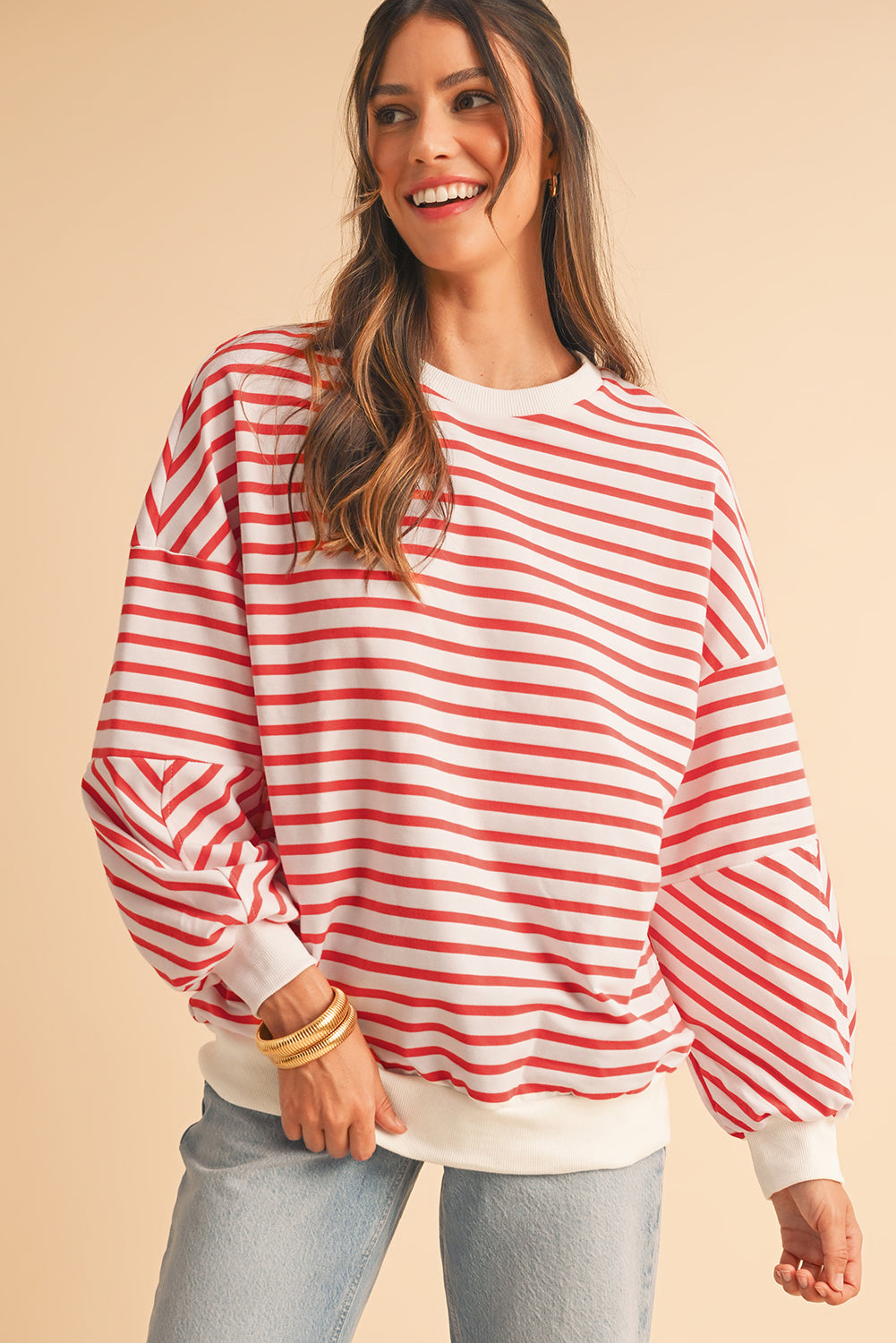 Blue Stripe Drop Shoulder Crew Neck Loose Sweatshirt-True and Wild