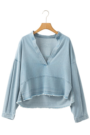 Beau Blue Light Wash Puff Sleeve V Neck Denim Blouse-True and Wild