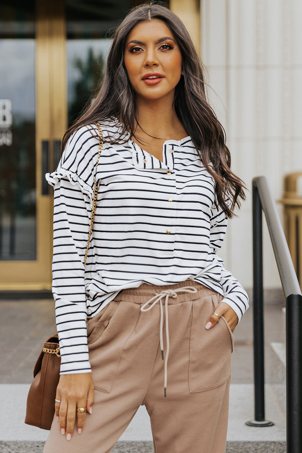 White Striped Snap Button Ruffle Trim Long Sleeve Top