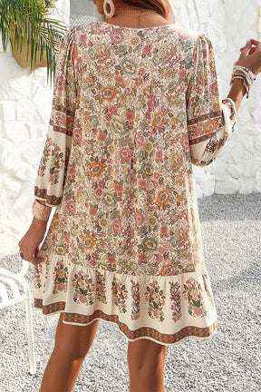 Apricot Floral Print Tassel Drawstring V Neck Loose Mini Dress-True and Wild