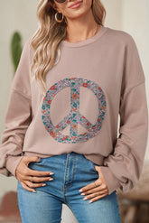 Goat Floral Peace Symbol Drop Shoulder Sweatshirt-True and Wild