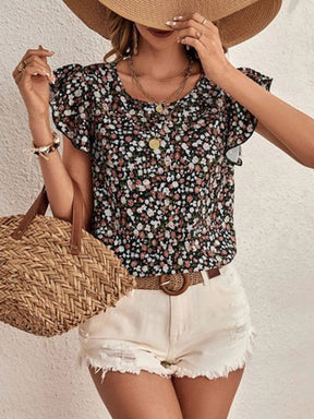 Ditsy Floral Round Neck Cap Sleeve Top-True and Wild