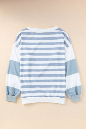 Blue Casual Striped Drop Shoulder Pullover Sweatshirt-True and Wild